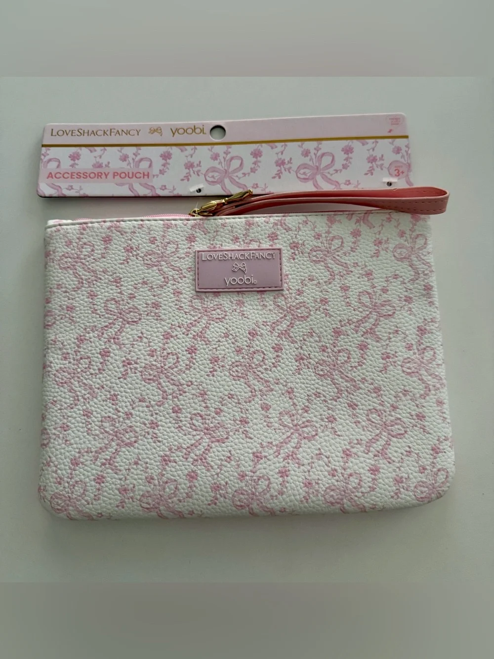LoveShackFancy x Yoobi Coquette Bow Pink Flat Zip Accessory Pouch with Strap